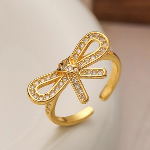 Elegant Bowknot Ring For Women Copper Gold Plated With Paved White Zircon Adjustable Open Finger Ring Sweet INS Style