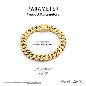Technical specifications of 31mm wide gold Cuban link chain necklace in stainless steel