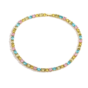Golden tennis necklace with multi-colored irregular zircon stones in a circular layout