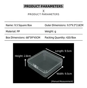 Detailed dimensions of 9.5cm square transparent PP plastic storage box with latch