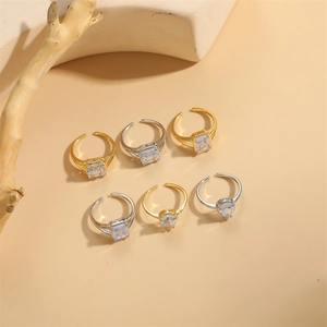 Set of 6 adjustable open rings with teardrop and square crystal zircon in gold and silver
