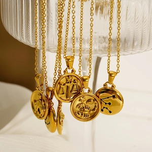 12 Zodiac Constellation Necklace Double Sided Round Coin Pendant 18K Gold Plated Stainless Steel Jewelry For Women