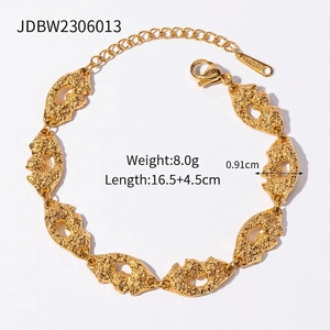 Vintage 18K gold plated stainless steel bracelet with textured hollow-out oval links