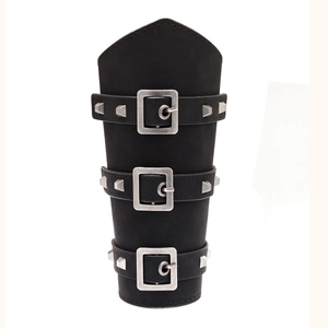Gothic punk black leather forearm guard with metal buckles and silver cone studs