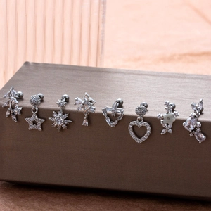 Set of 8 silver stainless steel cartilage studs with heart and star crystal designs