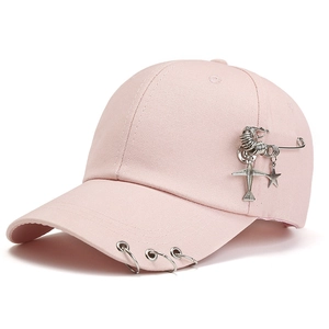 Pink cotton baseball cap with silver metal rings and punk star airplane charms