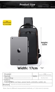 Guide des tailles du sac bandoulière antivol montrant 32x17x7cm et capacité pour iPad 9,7"