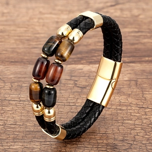 Double-layer black braided leather bracelet with golden clasp and tiger eye stone beads