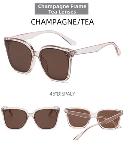 Detail view of champagne square frame sunglasses with tea lenses and metal accents