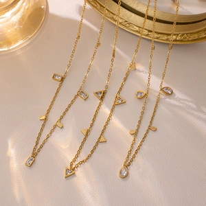 Geometric Pendant Necklace Stainless Steel Minimalist Zircon Triangle Rectangle Waterdrop Clavicle Chain Women Chic Jewelry