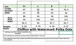 Detailed size chart with measurements for the polka dot cape shirt in chiffon fabric
