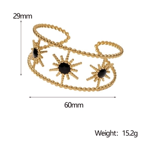 Detailed view of 15.2g gold stainless steel cuff bracelet with sun star dimensions