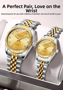 Macro detail of CHENXI couple watches in leather gift box with gold-tone accents
