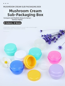 Detailed view of mushroom-shaped cosmetic jars in eight colors and four different sizes