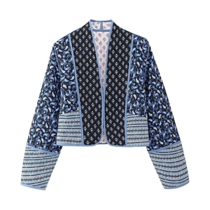 Detail of multi-pattern paisley and floral patchwork on reversible quilted jacket