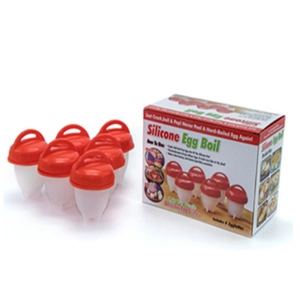 6-piece silicone egg cooker set with red lids and packaging box for shell-free boiling