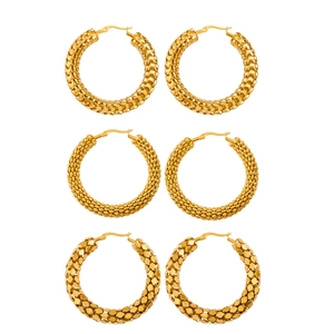 Three pairs of 18K gold plated hollow hoop earrings with textured metal designs