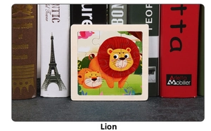 Close-up of 9-piece wooden lion puzzle for kids in a classroom setting