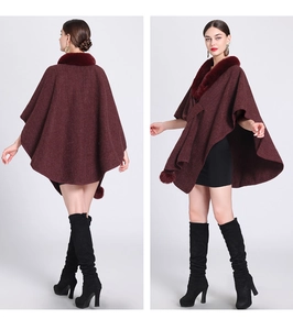 Detailed front and back view of burgundy poncho with faux fur collar and knit textures