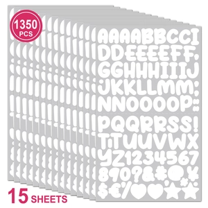 Detail view of 15 sheets containing 1350 pieces of cartoon alphabet and number stickers
