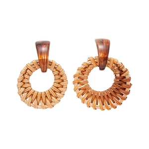 Resin tortoiseshell and woven rattan round earrings in a resort-style aesthetic