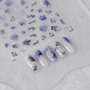 Watercolor blue hydrangea nail art stickers with delicate flower and leaf designs