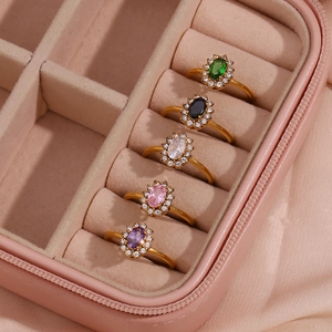 Adjustable 18K gold-plated stainless steel halo rings with colorful zircon stones