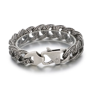 Retro 18mm stainless steel cuban chain bracelet with vintage carved foliage patterns