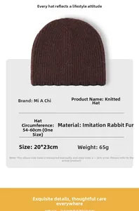 Size chart for brown faux rabbit fur knit beanie featuring measurements and material specs
