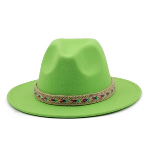 Detailed view of bright green wool fedora with rainbow braided band on white background