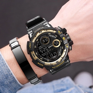 Outdoor sports watch with large digital display and black silicone strap on wrist
