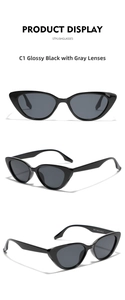 Detail view of black cat-eye sunglasses showing CE certification and size 58-16-150