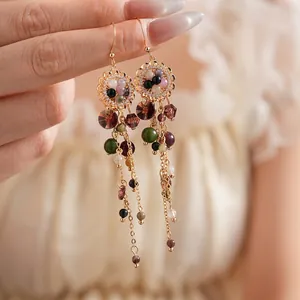 Vintage floral tassel earrings in gold metal with colorful beads and zircon accents