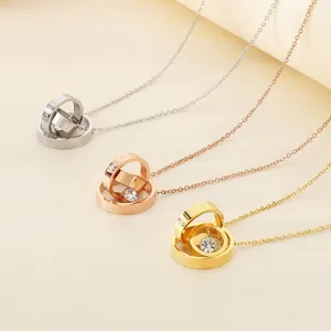 Korean Fashion Titanium Steel Necklace For Women Interlocking Triple Rings Rhinestone Pendant Clavicle Chain Jewelry Gift