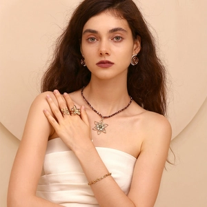 Detailed set of 18K gold plated flower jewelry with natural stones on a model