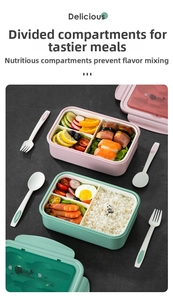 Three-compartment plastic lunch box with utensils shown with healthy meal prep
