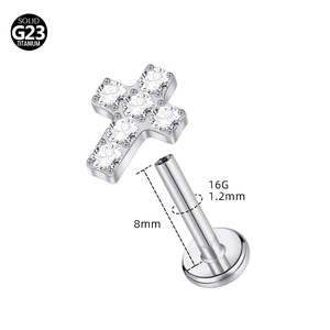 Detail of G23 titanium labret stud with a zircon cross top and 8mm bar size info