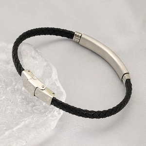 Men's retro braided black leather bracelet with silver curved stainless steel plate