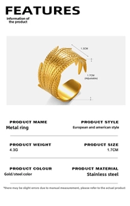 Detailed view of 1.3cm gold feather textured stainless steel adjustable ring specs