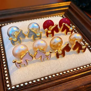 Horse Stud Earrings 18K Gold Plated Enamel Animal Design With Silver Earring Post And Faux Artificial Pearl Fashion Jewelry For Women