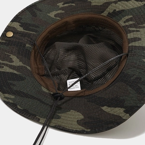 Jungle camouflage boonie hat with breathable mesh lining and adjustable chin strap