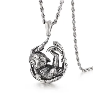 Retro Curled Cat Animal Pendant Stainless Steel Necklace With Rhinestone Eyes Punk Gothic Jewelry For Men And Women