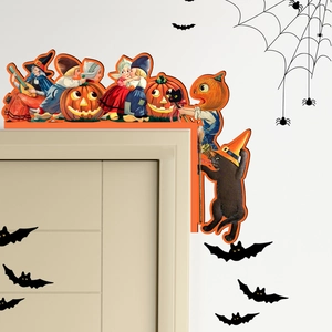L-shaped vintage Halloween door corner decor with pumpkin and witch illustration