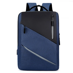 Blue business laptop backpack with USB port and asymmetric zip pocket on white background