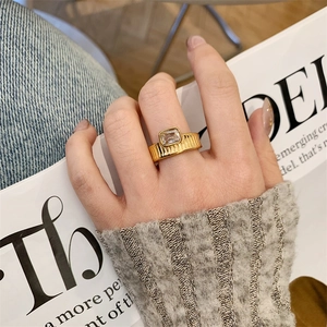 18K gold-plated wide wave ring for women with vertical stripes and rectangular zircon stone