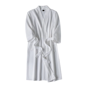 White waffle weave bathrobe for spa and hotel, quick-dry absorbent cotton mid-length robe