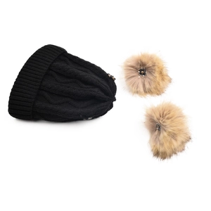 Winter chunky knit beanie set with dual detachable faux fur pom poms in black