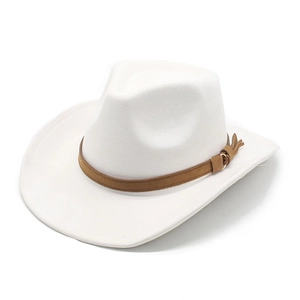 Detail of white western cowboy hat with brown leather band and gold buckle accent