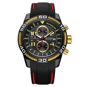 MEGIR sports chronograph watch with silicone strap and golden rope bezel detail