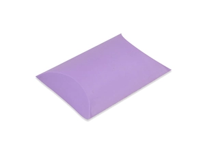 Detail of purple pillow-shaped cardstock gift box with sharp folds on a white background
